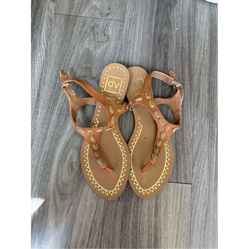 DV Dolce Vita and Vanessa Mooney Gold Embellished Leather T Strap Sandals 7